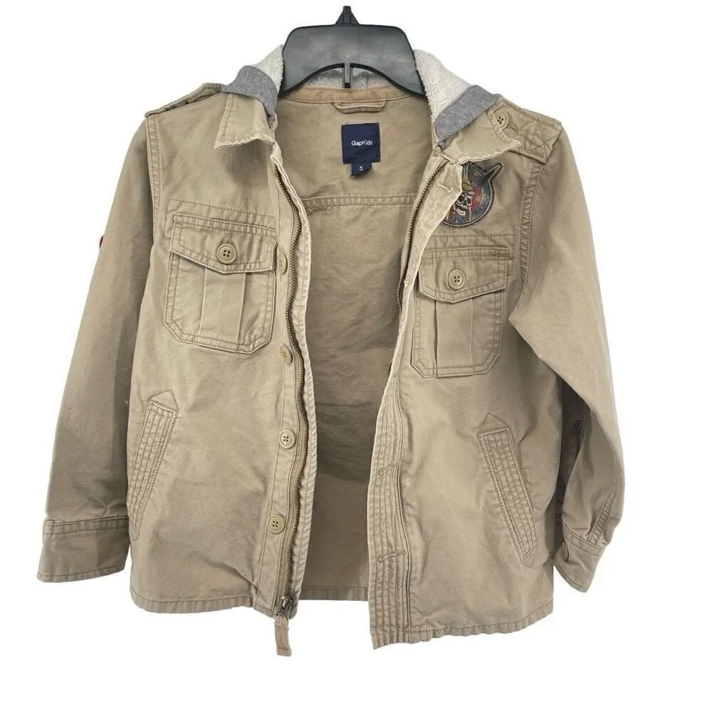 GAP Kids Boy’s Khaki Beige Embroidered Utility Cotton Full Zip Hooded Jacket 8